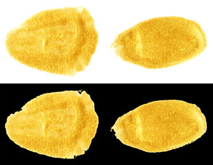 yellow gold colored doodle smear spot isolated on black and white backgrounds. hand-drawn golden acrylic doodle brush, stock photo illustration