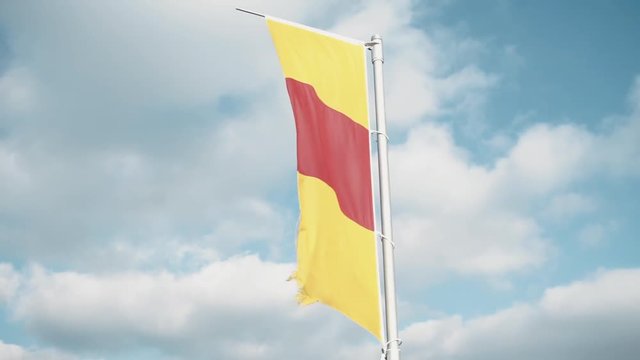 Medium Shot of the Flag of the historical territory of Baden in South Germany is waving in the wind, the blue sky in the background is partly covered in clouds.