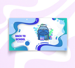 Horizontal banner set concept school backpack - back to school and sale, flat style with geometric figures and characters.