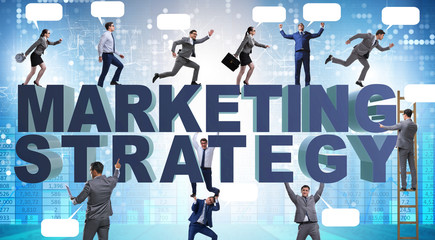 Marketing strategy concept with businessman and team