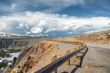 Beartooth Highway road details in early summer as snow was melting