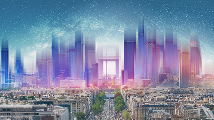 Futuristic digital city development, modern city with glowing light of futuristic building hologram