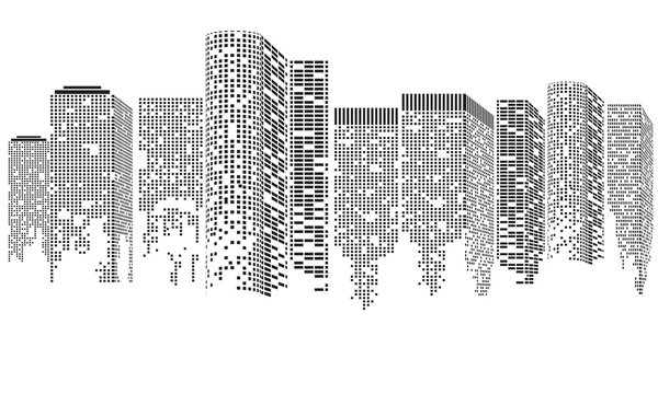 Abstract Futuristic City. Cityscape Buildings Made Up With Dots, Digital Transparent City Landscape. Vector Illustration.