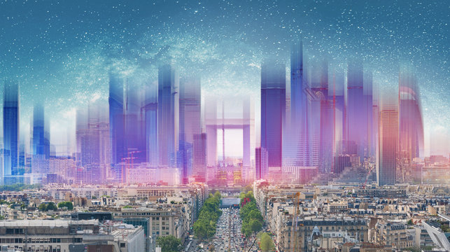 Futuristic digital city development, modern city with glowing light of futuristic building hologram