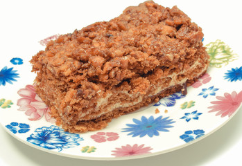 Fresh baked walnut cake on colorful plate. White background