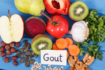 Fresh fruits and vegetables containing vitamins and minerals. Best food for gout and kidneys health