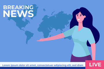 Breaking news concept with character. TV news studio with broadcaster. Vector illustration