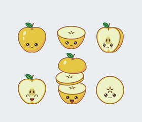 Yellow apple set drawn cute kawaii food faces