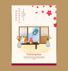 Chuseok banner design.persimmon tree on full moon view background.