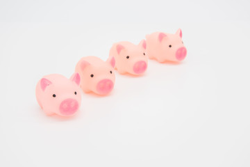 Four cute pink toy pigs lined up on a white background