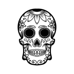hand drawn mexican sugar skull isolated on white background. Design element for poster, card, banner, t shirt, emblem, sign. Vector illustration