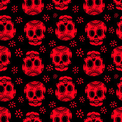 Seamless pattern with mexican sugar skulls. Design element for poster, card, flyer, banner. Vector illustration