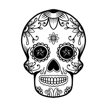 hand drawn mexican sugar skull isolated on white background. Design element for poster, card, banner, t shirt, emblem, sign. Vector illustration