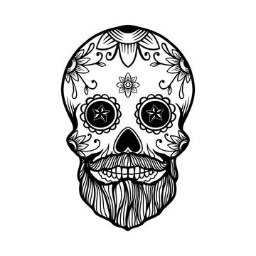 Hand drawn mexican bearded sugar skull isolated on white background. Design element for poster, card, banner, t shirt, emblem, sign. Vector illustration