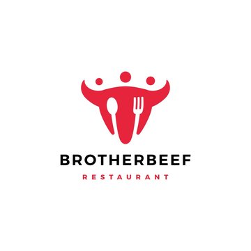 brother beef people group human fork spoon bull cow head logo vector icon illustration