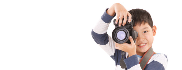 Asian boy with Camera Isolated on white background. Shooting Pose. BANNER