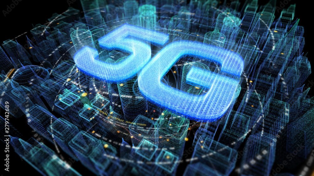 Poster Futuristic holographic 5G digital wireless high speed fifth innovative generation for cellular network connectivity, high speed Internet broadband network