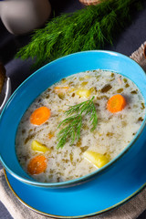 Polish sour cucumber soup or salt cucumber soup.