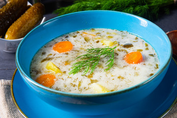 Polish sour cucumber soup or salt cucumber soup.