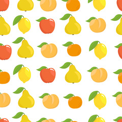 Fruits set seamless pattern background. Apple, peach and lemon mandarin and pear. Vector illustration.