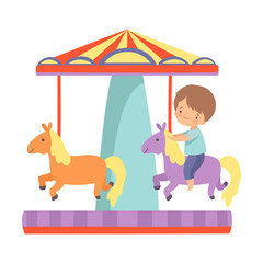 Cute Little Boy Riding at Carousel with Horses, Happy Kid Having Fun in Amusement Park Vector Illustration