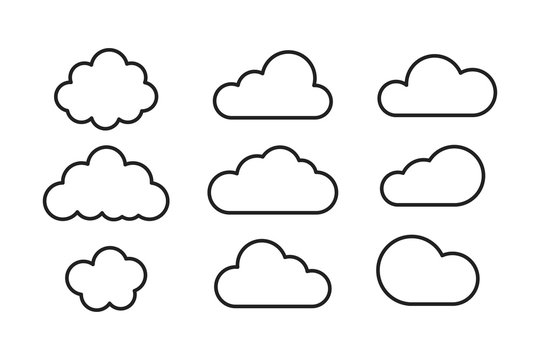 Set of flat stroke clouds. Weather isolated symbols. Collection summer clouds in trendy flat design.