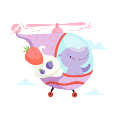 Hippo Baby Flying on Cute Helicopter, Funny Adorable Animal in Transport Vector Illustration