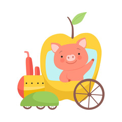 Cute Little Pig Riding Toy Train Made of Apple, Funny Adorable Animal in Railway Transport Vector Illustration