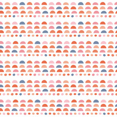 Geometric repeat pattern of hand drawn semi circles and spots. Cute and fun vector seamless abstract design background.