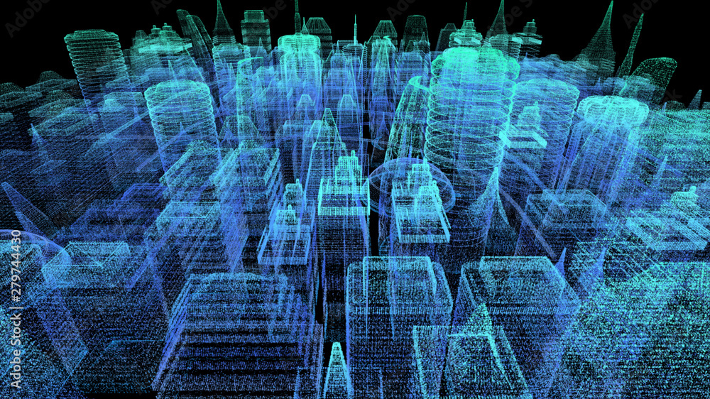 Poster Futuristic holographic city digitally generated image virtual reality matrix particles in cyber space background environment
