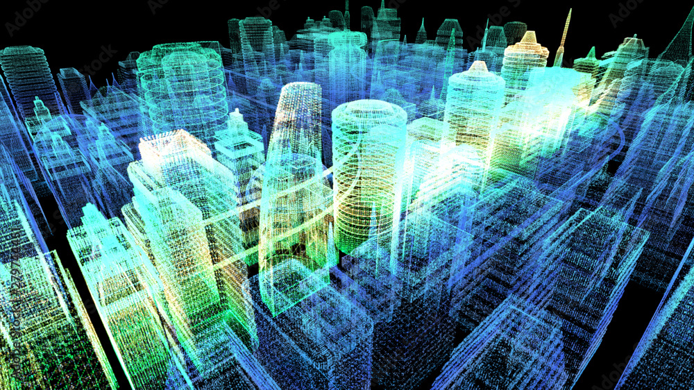 Poster Futuristic holographic city digitally generated image virtual reality matrix particles in cyber space background environment