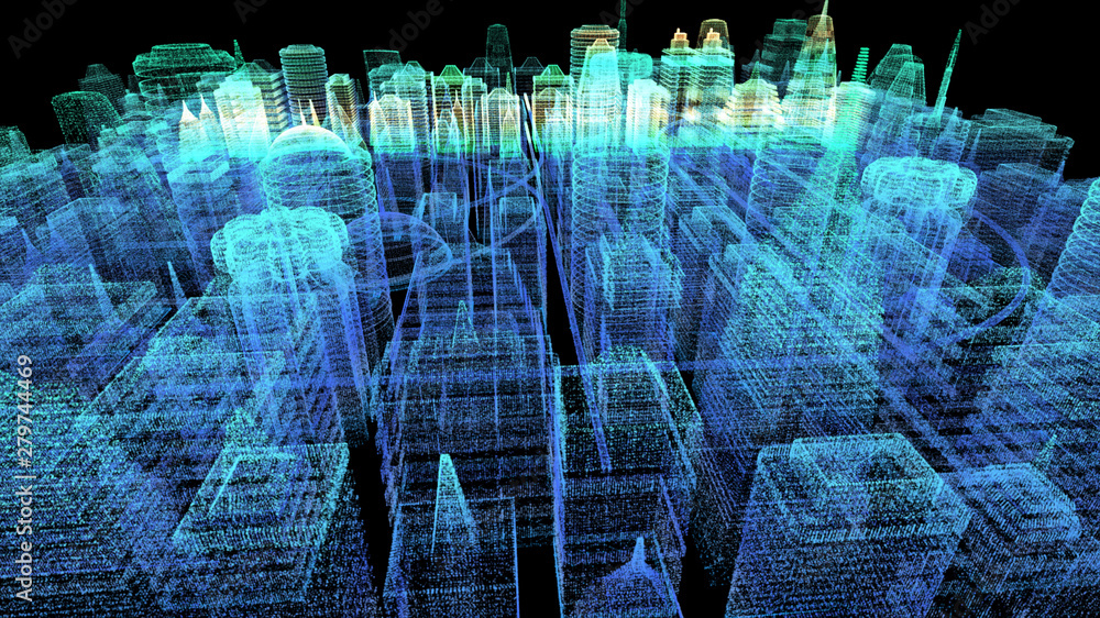 Poster Futuristic holographic city digitally generated image virtual reality matrix particles in cyber space background environment