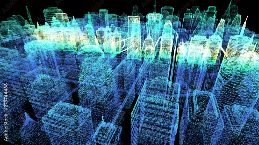 Poster Futuristic holographic city digitally generated image virtual reality matrix particles in cyber space background environment