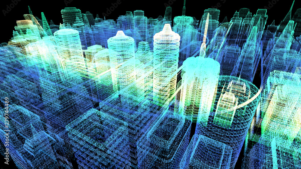 Poster Futuristic holographic city digitally generated image virtual reality matrix particles in cyber space background environment