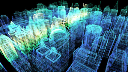 Futuristic holographic city digitally generated image virtual reality matrix particles in cyber space background environment