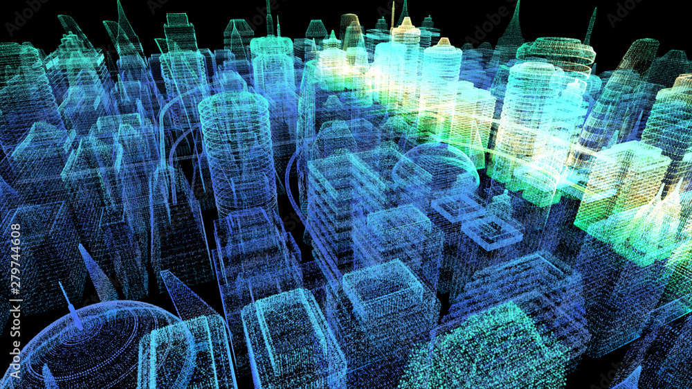 Aufkleber Futuristic holographic city digitally generated image virtual reality matrix particles in cyber space background environment