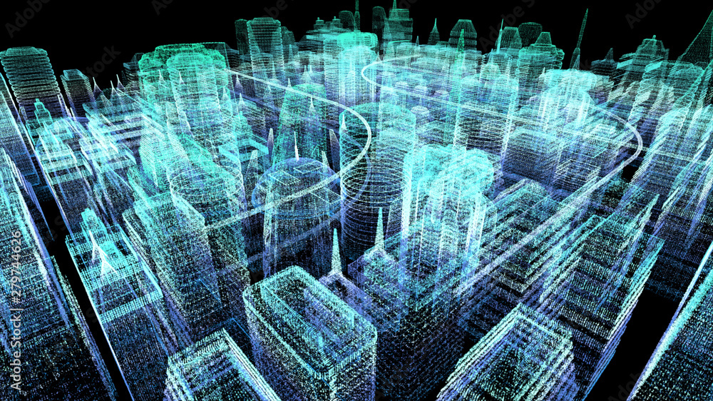 Poster Futuristic holographic city digitally generated image virtual reality matrix particles in cyber space background environment