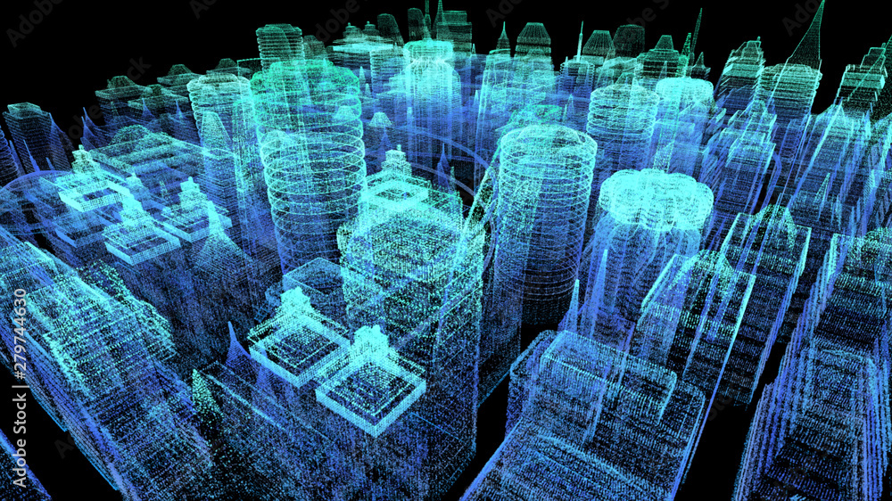 Poster futuristic holographic city digitally generated image virtual reality matrix particles in cyber spac