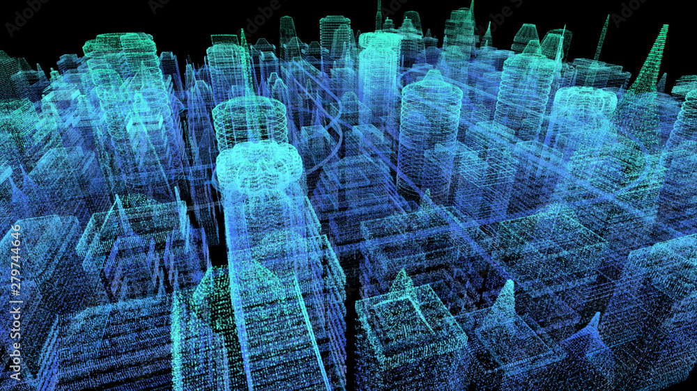 Poster Futuristic holographic city digitally generated image virtual reality matrix particles in cyber space background environment