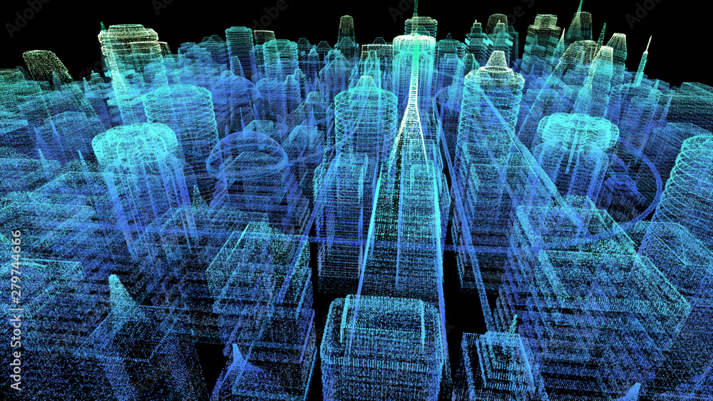 Poster Futuristic holographic city digitally generated image virtual reality matrix particles in cyber space background environment