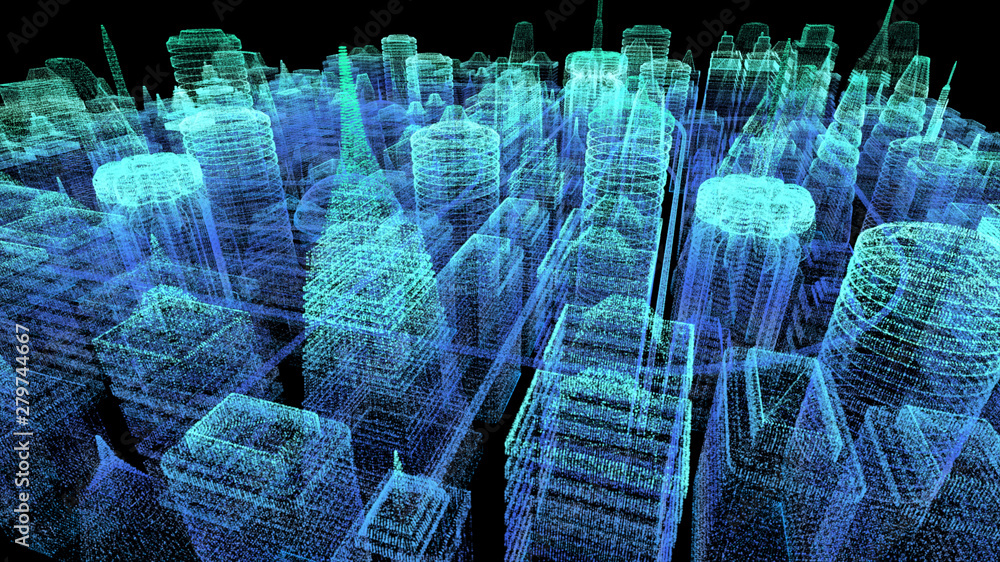 Poster Futuristic holographic city digitally generated image virtual reality matrix particles in cyber space background environment