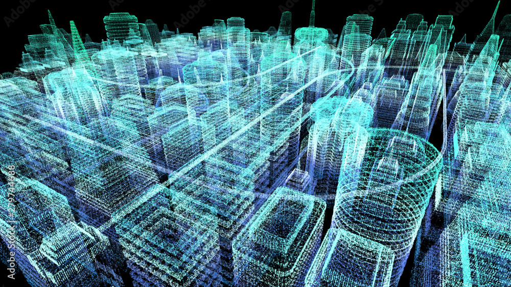 Aufkleber futuristic holographic city digitally generated image virtual reality matrix particles in cyber spac