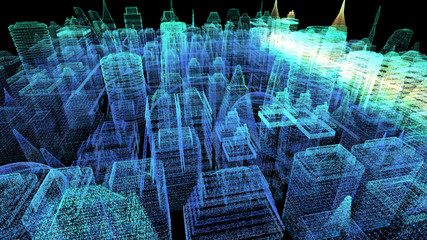 Futuristic holographic city digitally generated image virtual reality matrix particles in cyber space background environment