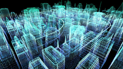 Futuristic holographic city digitally generated image virtual reality matrix particles in cyber space background environment
