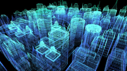 Futuristic holographic city digitally generated image virtual reality matrix particles in cyber space background environment