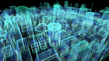 Futuristic holographic city digitally generated image virtual reality matrix particles in cyber space background environment