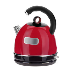 Red shiny electric kettle with a black semi-circular handle. Photo-realistic style