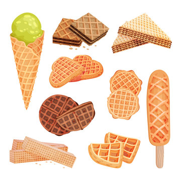 Set of images of sweets from waffles. Ice cream, biscuits, straw. Vector illustration on white background.