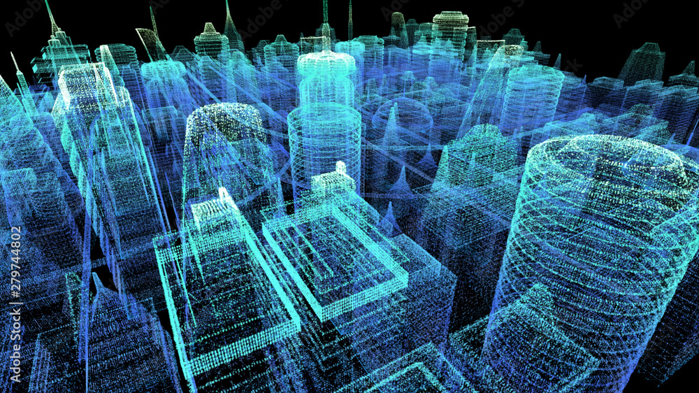 Aufkleber Futuristic holographic city digitally generated image virtual reality matrix particles in cyber space background environment