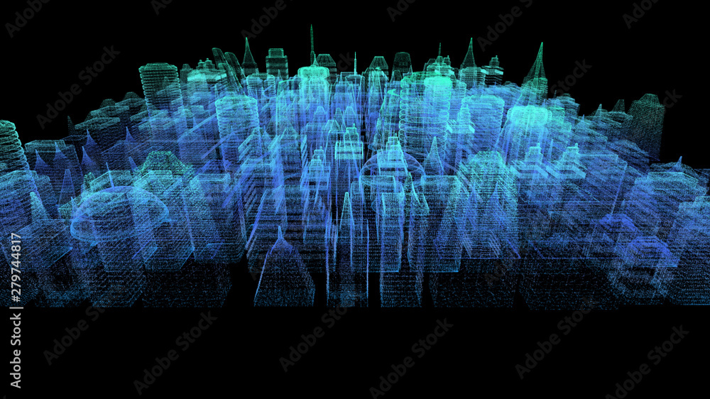 Aufkleber Futuristic holographic city digitally generated image virtual reality matrix particles in cyber space background environment